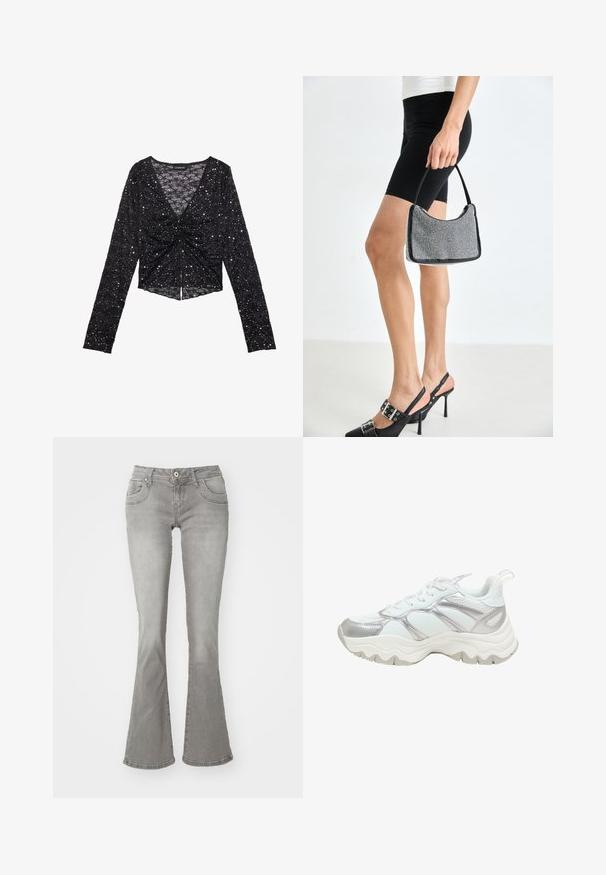 Sort langærmet top lavet af tekstureret stof, med en sammensnørende detalje foran og spredte paljetter for glimmer. Kort design.; Grå flagrende jeans med en middelhøj talje, frontlommer og knaplukning, lavet af denimstof med en glat tekstur.; Hvid og sølv atletiksneaker med kraftig sål, snørelukning og trækflig ved hælen, vist fra siden på hvid baggrund.; Sort perlehandtaske med en buet silhuet, bærehåndtag og blank overflade. Båret med højhælede sorte sko og tætsiddende sorte shorts.