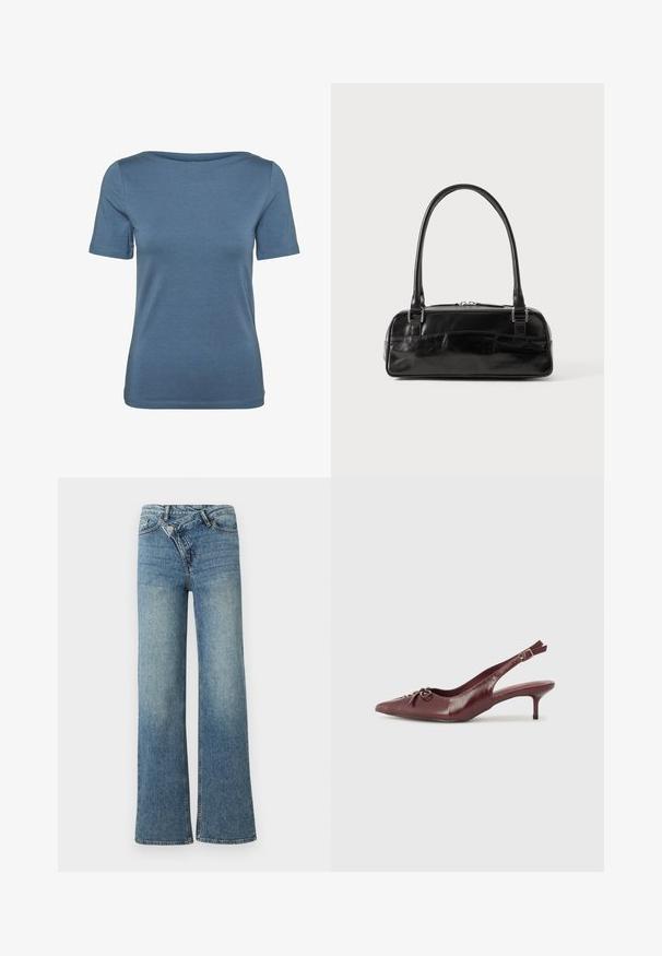 Blå kortærmet tætsiddende t-shirt med rund halsudskæring og ensfarvet glat stof, vist forfra på en hvid baggrund.; Lyseblå denim jeans med vide ben og høj talje, let falmet effekt og knaplukning foran. Har fem lommer og minimal syning.; Bordeaux læder slingback hæl med spidse tå, justerbar rem og dekorativ sløjfedetalje foran. 7,5 cm hælhøjde.; Sort læderhåndtaske med rektangulær form, der har et enkelt struktureret håndtag, sølvhardware og lynlås-lukning. Glat tekstur.