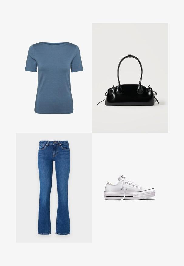 Blå kortærmet tætsiddende t-shirt med rund halsudskæring og ensfarvet glat stof, vist forfra på en hvid baggrund.; Flared denimjeans i mellemblå med en subtil tekstur. Har fem lommer, en lynlås foran og kontrasterende syninger langs sømmene.; Lavtop hvid lærredsneaker med hvide snørebånd, gummisål, sorte stribedetaljer og logo-patch på tungen og hælen.; Lille sort blank håndtaske med to lange håndtag og snøre-detaljer i siden på en ensfarvet lys baggrund.