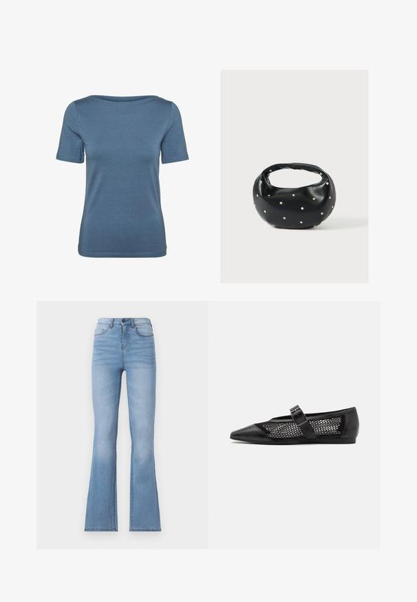 T-shirt bleu à manches courtes, coupe ajustée, avec un col rond et un tissu uni et lisse, présenté de face sur un fond blanc.; Jeans en denim bleu clair taille haute évasés, avec poches avant, une étiquette en papier et des coutures le long des coutures.; Chaussure plate noire avec un bout pointu, panneaux latéraux en maille et une sangle avec une boucle décorative. Fini lisse sur les sections du bout et du talon.; Sac à main en cuir noir de forme arrondie, décoré de clous argentés et équipé d'une poignée courte. Texture lisse et fermeture éclair.