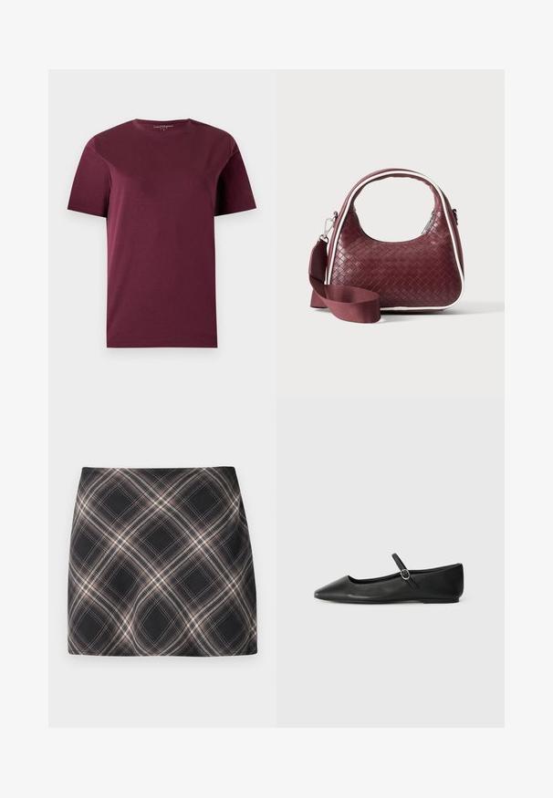 T-shirt bordeaux uni à manches courtes et col rond, présenté à plat sur un fond clair.; Jupe mini à carreaux noir et beige avec un motif à checks diagonal, taille ajustée et texture de tissu lisse.; Ballerines en cuir noir avec un bout pointu, une semelle plate et une petite sangle à boucle autour de la cheville pour un maintien sécurisé.; Sac à main en cuir tressé marron foncé avec poignée courbée, garniture blanche, fermeture éclair argentée et bandoulière large en tissu amovible sur fond uni.