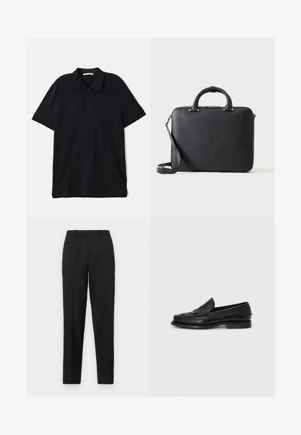 Schwarzes Poloshirt aus Baumwolle, mit klassischem Kragen, Dreiknopf-Leiste, kurzen Ärmeln und einem dezenten Logo-Detail auf der Vorderseite.; Theory STRAIGHT - Stoffhose - deep black; Schwarze Lederloafer mit einem geflochtenen Detail auf der Vorderseite, runder Zehenpartie und niedrigem Absatz. Glatte Textur und minimalistisches Design.; Schwarze, strukturierte Leder-Aktentasche mit Doppelgriffen, abnehmbarem Schulterriemen und oberem Reißverschlussverschluss auf hellem, einfarbigem Hintergrund.