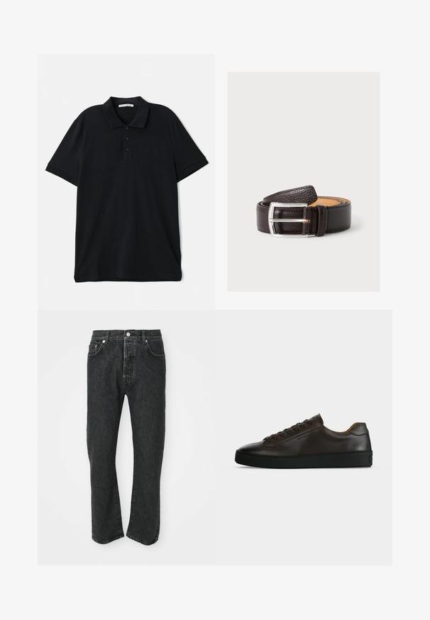 Polo negro de algodón, con cuello clásico, tapeta de tres botones, mangas cortas y un discreto detalle del logo en la parte frontal.; Jeans de denim negros de pierna recta con cierre frontal de botón y cremallera, bolsillos delanteros y traseros visibles sobre un fondo blanco.; Zapatilla de perfil bajo de cuero marrón oscuro con suela de goma negra, cierre de cordones y diseño liso y minimalista sobre un fondo claro.; Cinturón de cuero texturizado marrón oscuro enrollado con hebilla rectangular de plata grabada con "Tiger of Sweden" sobre un fondo claro.