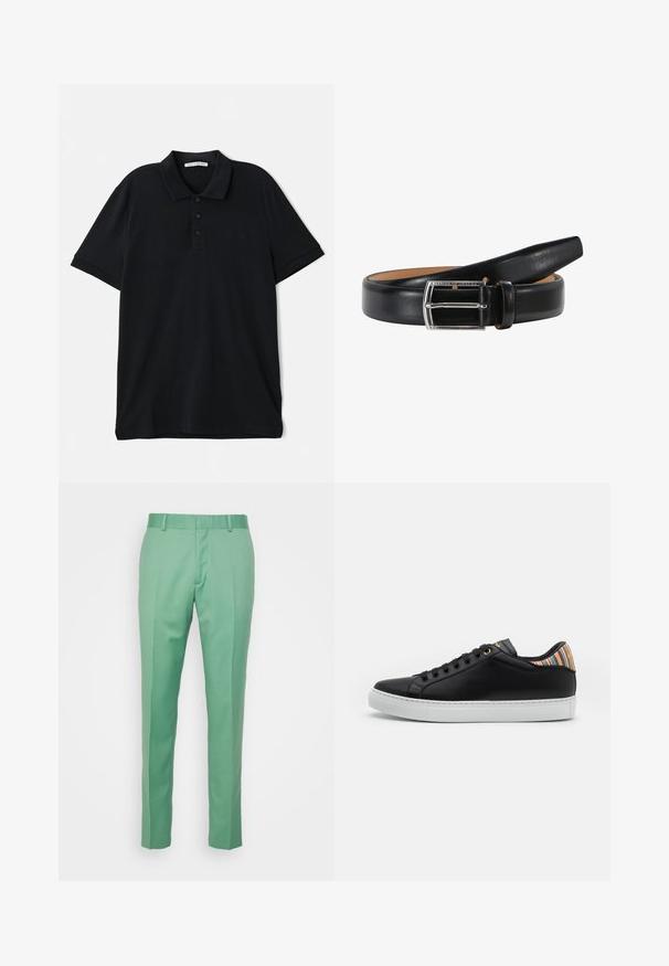 Sort polo shirt lavet af bomuld, med en klassisk krave, tre-knaps lukning, korte ærmer og en diskret logo detaljer på forsiden.; The Kooples PANTALON COSTUM - Bukser - green; Sorte lædersneakers med en hvid gummisål, der har en stribet multicolor accent på hælen og sort snøre foran med gyldne øjer.; Sort læderbælte med en glat overflade, der har en sølv rektangulær spænde og et lyst interiørfoder. Enden er tilspidset for et elegant udseende.
