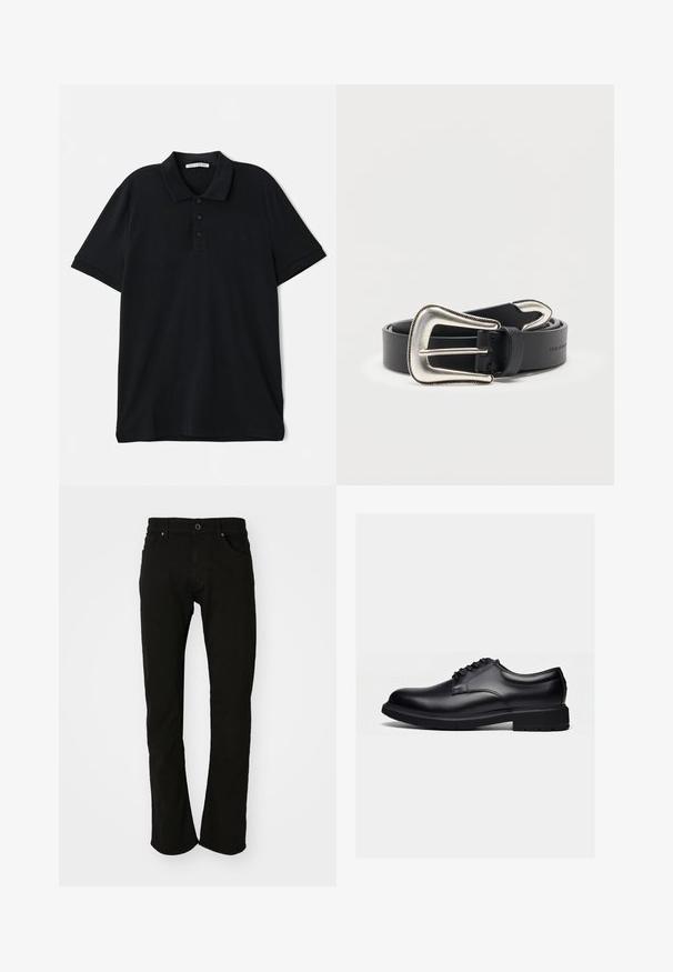 Sort polo shirt lavet af bomuld, med en klassisk krave, tre-knaps lukning, korte ærmer og en diskret logo detaljer på forsiden.; Sorte denim jeans med lige ben, der har et klassisk taljebånd, for- og baglommer samt en glat tekstur. Ingen synlige mønstre eller detaljer.; Sort poleret lædersko med snøredesign og tyk gummisål, vist fra siden på en ensartet lys baggrund.; Sort læderbælte med stort, sølvfarvet western-spænde og matcher sølv bæltespids, rullet sammen på hvid baggrund.