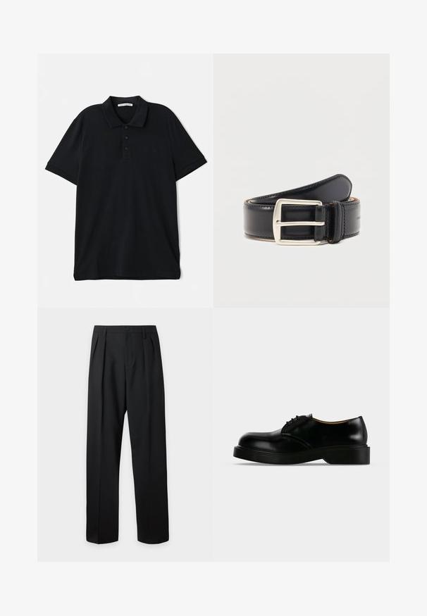 Schwarzes Poloshirt aus Baumwolle, mit klassischem Kragen, Dreiknopf-Leiste, kurzen Ärmeln und einem dezenten Logo-Detail auf der Vorderseite.; Schwarze hoch taillierte maßgeschneiderte Hose mit Gürtelschlaufen, vorderen Falten, Knopfverschluss und geraden, weiten Beinen auf hellem Hintergrund.; Schwarzer, polierter Lederschnürschuh mit dicker Sohle, abgerundeter Spitze und niedrigem Absatz, von der Seite auf einfarbigem Hintergrund dargestellt.; Schwarzer Ledergürtel, zusammengerollt mit einer silbernen rechteckigen Metallschnalle und sichtbaren Nähten entlang der Kanten.