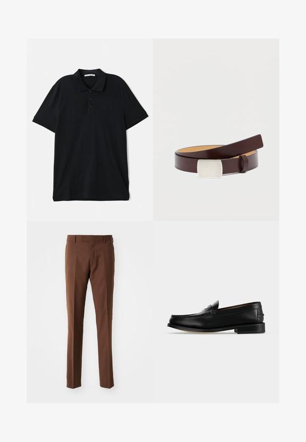 Sort polo shirt lavet af bomuld, med en klassisk krave, tre-knaps lukning, korte ærmer og en diskret logo detaljer på forsiden.; Brune skræddersyede bukser med flad front, lige ben, glat tekstur og bæltesløjfer. Ingen synlige mønstre eller hardwaredetaljer.; Sort læder herre loafer med lav hæl og mokkasinsyning på tåen, vist fra siden på en ensfarvet baggrund.; Brunt læderbælte med en rektangulær sølvspænde, glat tekstur og en kontrasterende lysere inderforing. Enkel, klassisk design.