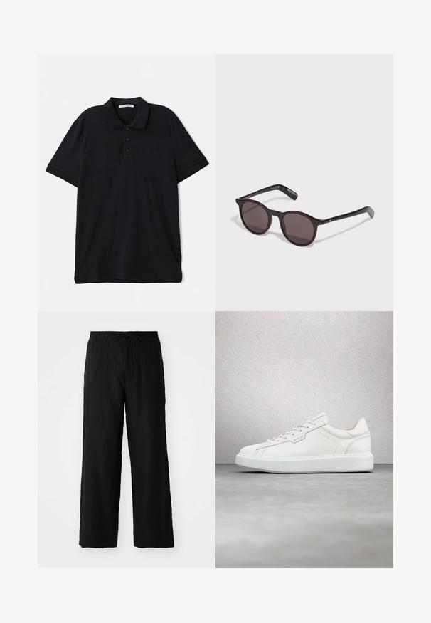Polo negro de algodón, con cuello clásico, tapeta de tres botones, mangas cortas y un discreto detalle del logo en la parte frontal.; Pantalones de pierna ancha negros hechos de un tejido ligero, con cintura elástica y cordón, sin bolsillos visibles ni patrones.; Zapatilla de cuero blanca con punta redonda, cierre de cordones plano y suela de goma gris. Presenta costuras sutiles y un acento de logo.; Gafas de sol redondas negras con lentes oscuros, un armazón de plástico suave y varillas delgadas con un detalle de agarre texturizado.