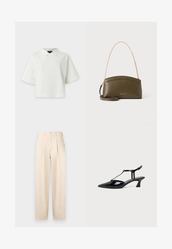 Top court blanc à manches courtes, texturé, avec un col pointu, une coupe ample et un motif chevron subtil, présenté sur un fond blanc uni.; Pantalon beige plissé en tissu mélangé coton. Comprend une braguette zippée, une fermeture à bouton et des poches latérales, avec une coupe décontractée et des jambes droites.; Chaussure slingback en cuir verni noir à bout pointu avec bride en T et petit talon bloc incliné sur fond blanc.; Sac à main Michael Kors vert olive avec bandoulière en chaîne dorée, dessus courbé et petit logo doré sur le devant, présenté sur fond blanc.