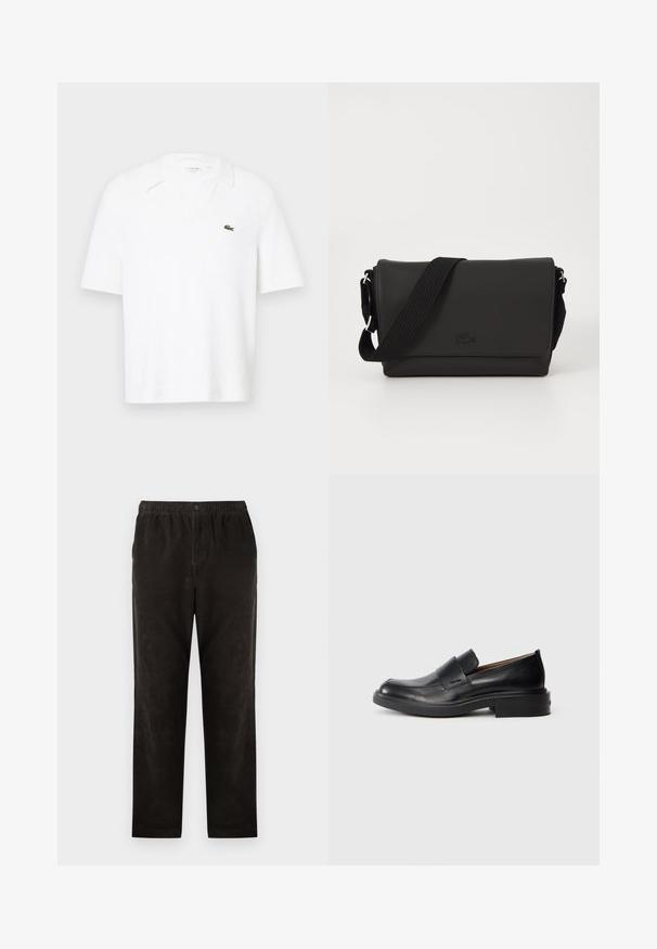 Polo shirt blanc à manches courtes en tissu texturé. Présente un col en V et un petit logo vert sur la poitrine gauche.; Pantalons en velours côtelé noir avec une coupe droite, dotés d'une taille élastique et d'une fermeture à un seul bouton. Texture lisse, détails minimaux.; Chaussure habillée noire en cuir, à enfiler, avec un petit talon et un logo Calvin Klein discret sur le côté, présentée de profil sur un fond blanc.; Lacoste MESSENGER BAG MEN CLASSIC - Sac bandoulière - noir