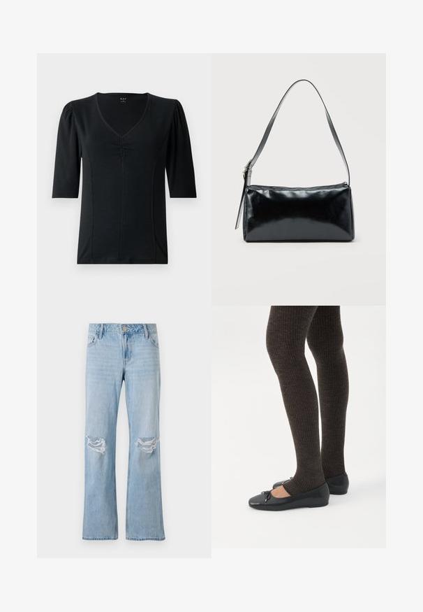Haut noir à manches courtes avec un col en V, présentant des détails froncés au centre et un tissu lisse et élastique.; Jean en denim bleu clair avec une coupe droite, présentant deux déchirures au niveau des genoux, une fermeture à bouton en métal et cinq poches.; Jambes portant des leggings côtelés foncés associés à des ballerines noires avec de petits détails en nœud sur fond blanc.; Sac d'épaule rectangulaire noir avec une sangle réglable unique et une fermeture éclair supérieure sur un fond uni.
