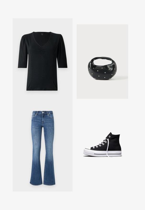 Haut noir à manches courtes avec un col en V, présentant des détails froncés au centre et un tissu lisse et élastique.; Jean en denim bleu évasé avec un lavage moyen, comportant cinq poches, une fermeture bouton et une texture légèrement usée au niveau de l'ourlet.; Baskets montantes en toile noire avec semelle en caoutchouc blanche et lacets blancs, vues de côté sur un fond blanc.; Sac à main en cuir noir de forme arrondie, décoré de clous argentés et équipé d'une poignée courte. Texture lisse et fermeture éclair.