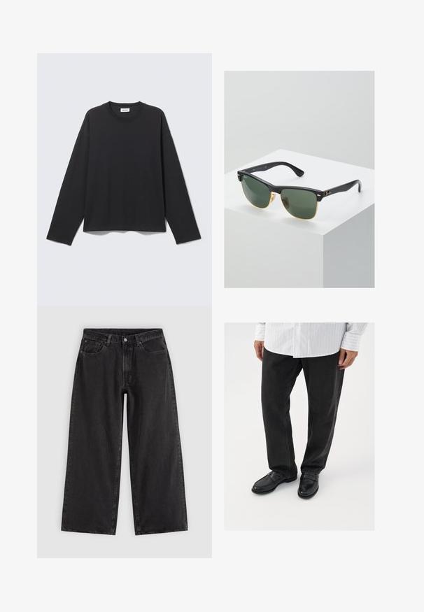 Zwart shirt met lange mouwen en ronde hals, eenvoudige, losse pasvorm, plat gelegen op een lichtgrijze achtergrond.; Zwarte wijde spijkerbroek met voorzakken, riemlussen en knoopsluiting, getoond op een effen lichte achtergrond.; Zwarte denim broek gecombineerd met glanzende zwarte instappers. Het shirt is wit met dunne verticale strepen, heeft lange mouwen en een geknoopte kraag.; Ray-Ban zonnebrillen met groene lenzen, zwarte plastic monturen en gouden accenten aan de randen. Vierkante vorm met een matte afwerking.