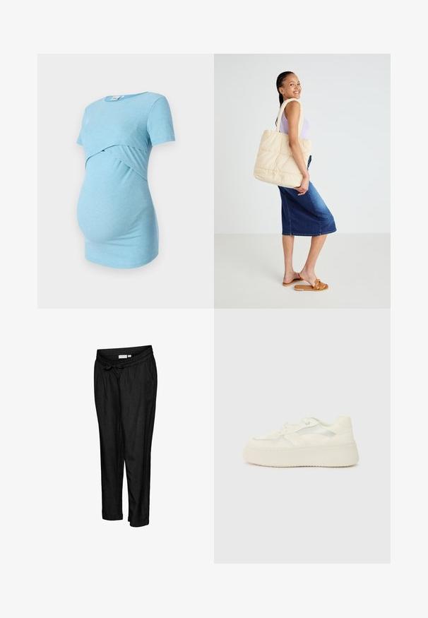 Helles, blaues, geripptes Umstandstop mit kurzen Ärmeln und einem überlappenden Design an der Taille, das für Komfort und Dehnbarkeit entworfen wurde.; Schwarze Joggingshosen aus Leinen mit elastischem Bund und Kordelzug, seitlichen Taschen und einem lockeren Schnitt. Klassische, umgeschlagene Bündchen.; Weiße Plateausneaker mit glattem Lederoberteil, genähten Akzenten und metallischen Streifen an der Seite. Abgerundete Zehenpartie und flache Gummisohle.; Gepäcktasche in Beige mit Steppung, dicken Griffen, geräumigem Design und weicher Textur, gehalten von einer Person, die ein helllila Oberteil und einen blauen Jeansrock trägt.