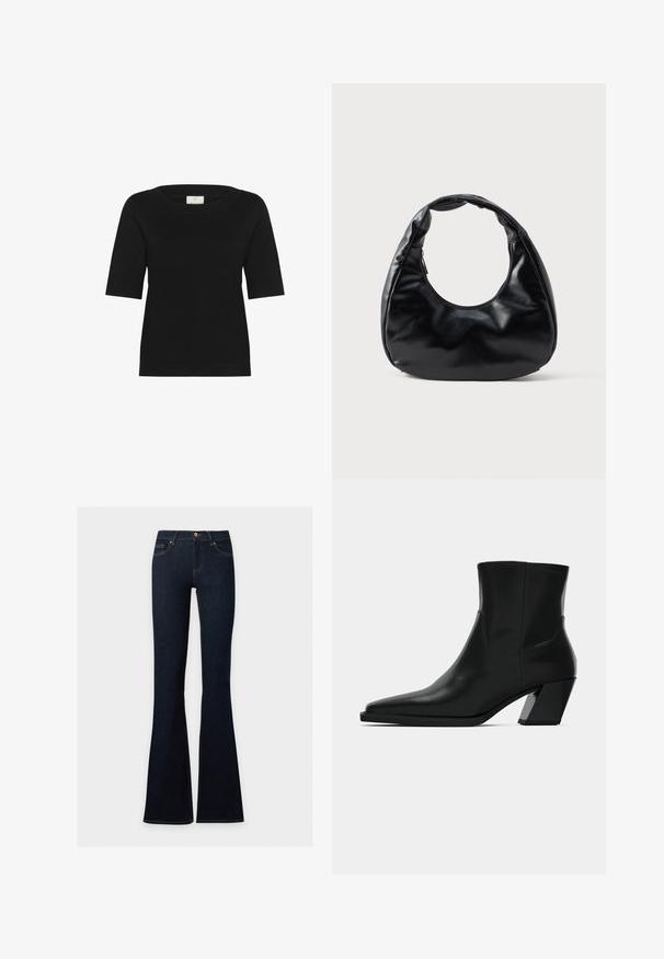 Un haut tricoté noir à manches courtes avec un large col bateau, une texture côtelée et un ourlet droit. Fabriqué en tissu doux et respirant.; Jean en denim bleu foncé à taille haute, ajusté sur les hanches et les cuisses, évasé en bas.; Bottine en cuir noir avec un bout pointu, une silhouette élégante et un talon carré massif. Texture lisse avec des détails de couture minimalistes.; Sac à main en simili cuir noir avec une forme de croissant unique, une large poignée rembourrée et une fermeture éclair. Texture lisse et brillante, design minimaliste.