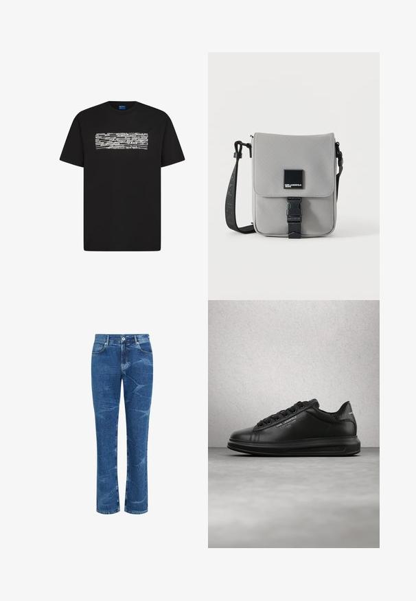 Μαύρο κοντομάνικο T-shirt με στρογγυλή λαιμόκοψη και ορθογώνιο λευκό γραφικό που φέρει επαναλαμβανόμενο κείμενο «KARL LAGERFELD JEANS» σε διάφορες γραμματοσειρές.; Τζιν μπλε ντένιμ με ίσια γραμμή στα πόδια, ξεθωριασμένες και πτυχωτές λεπτομέρειες, κούμπωμα με κουμπί και φερμουάρ μπροστά, καθώς και τσέπες μπροστά και πίσω.; Άτομο που φοράει μαύρα αθλητικά παπούτσια Karl Lagerfeld με μαύρο παντελόνι, στέκεται σε ξύλινο παρκέ δάπεδο απέναντι από έναν λευκό τοίχο με πάνελ.; Γκρι τσάντα χιαστί με μαύρο ρυθμιζόμενο λουράκι, μπροστινό καπάκι με μαύρη πόρπη, με τετράγωνο λογότυπο Karl Lagerfeld Jeans.