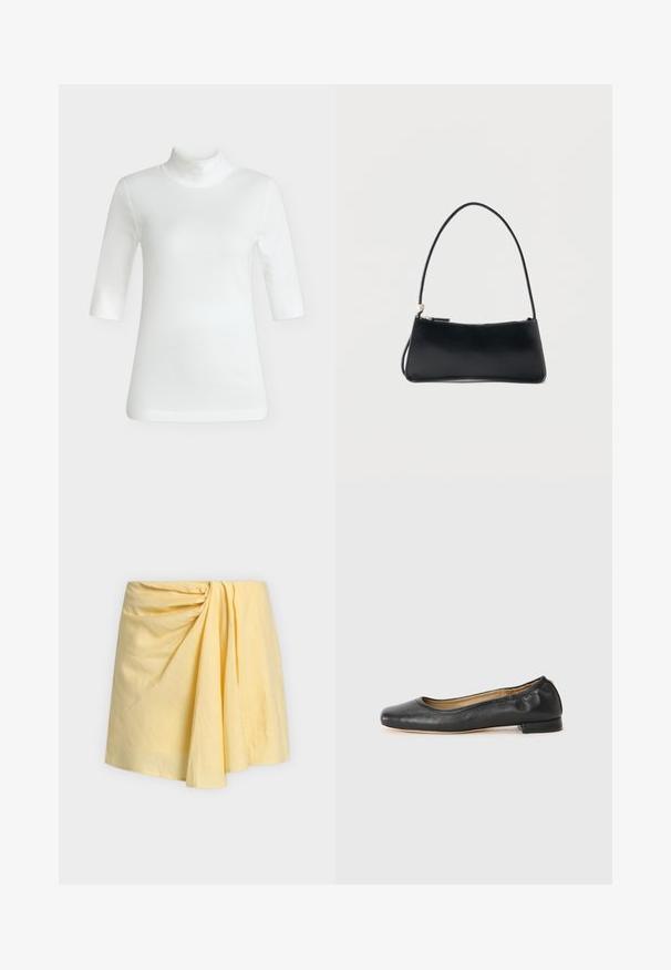 Haut blanc côtelé à manches mi-longues avec col roulé et coupe ajustée, présenté sur un fond gris neutre.; Jupe mini jaune avec un détail froncé créant de doux plis sur le devant, en tissu léger.; Ballerines en cuir noir avec un bout arrondi et des coutures minimales. Talon bas et rectangulaire avec une texture lisse. Détails subtils de doublure intérieure.; Sac à main rectangulaire noir avec une fine bandoulière et fermeture éclair, présenté sur un fond blanc uni.