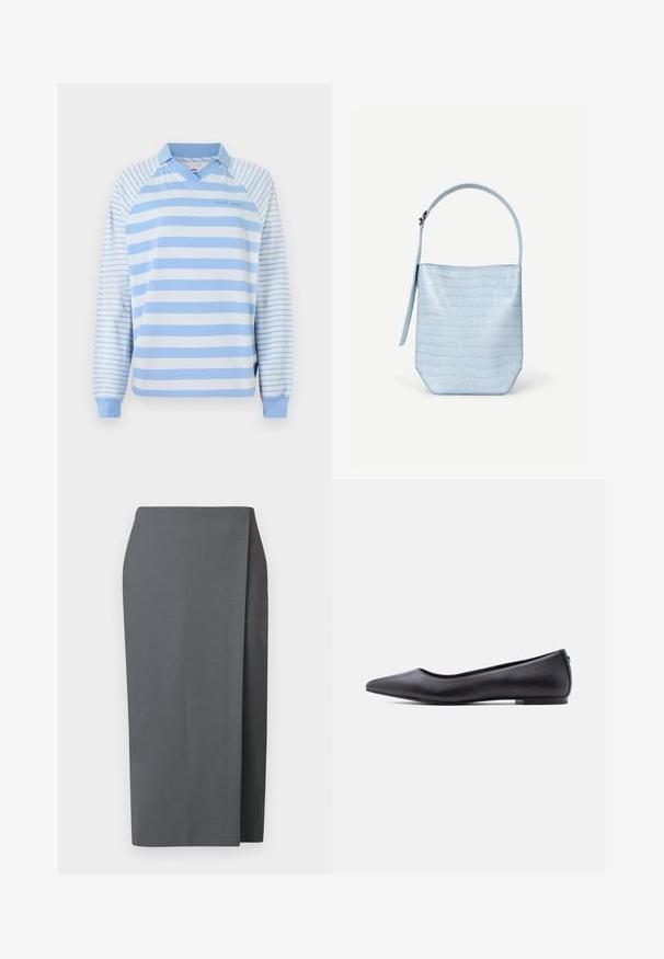 Polo à manches longues rayé bleu clair et blanc avec un col en V, doté d'un col côtelé et de poignets élastiques. Design simple et matière en coton.; Jupe grise arrivant aux genoux avec un design épuré. Confectionnée dans un tissu lisse, elle comporte une fente latérale et des lignes nettes pour une apparence minimaliste.; Chaussure plate en cuir noire à bout pointu avec petit talon, vue de profil sur fond blanc.; Sac à main bleu clair avec texture crocodile, forme rectangulaire, poignée unique en haut et une bandoulière latérale suspendue sur un fond blanc uni.