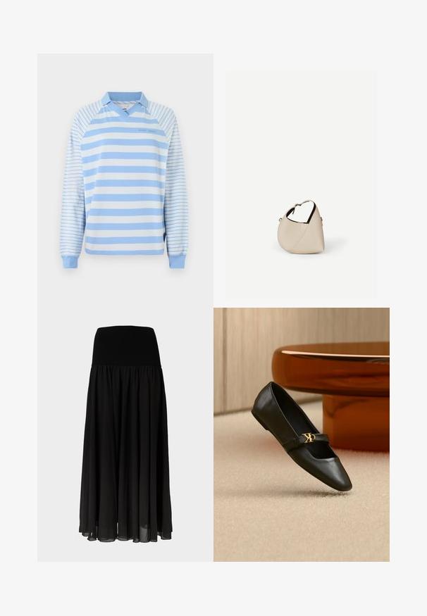 Polo à manches longues rayé bleu clair et blanc avec un col en V, doté d'un col côtelé et de poignets élastiques. Design simple et matière en coton.; Jupe maxi noire en tissu léger, dotée d'une large ceinture élastique et d'un design fluide plissé avec un aspect transparent à l'ourlet.; Chaussure plate en cuir noir avec bout pointu et logo CK doré sur la bride, posée sur un tapis beige près d'une table ronde couleur ambre brun.; Sac à main en cuir beige en forme de croissant avec une seule bandoulière et des coutures minimalistes, posé sur un fond blanc uni.