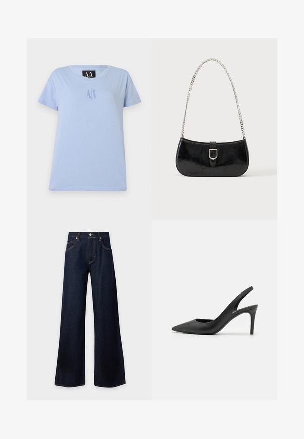 T-shirt bleu clair à manches courtes avec encolure ronde et petit logo "AX" centré sur la poitrine, assorti en bleu.; Jean denim bleu foncé à jambes larges, fermeture avant par bouton et fermeture éclair, passants de ceinture, poches devant et derrière.; Escarpins à talon aiguille en cuir noir, avec un design à bout pointu, présentant une découpure à l'avant et un talon fin.; Sac à épaule en cuir verni noir avec détail de boucle argentée et bandoulière en chaîne argentée, présenté sur un fond uni clair.