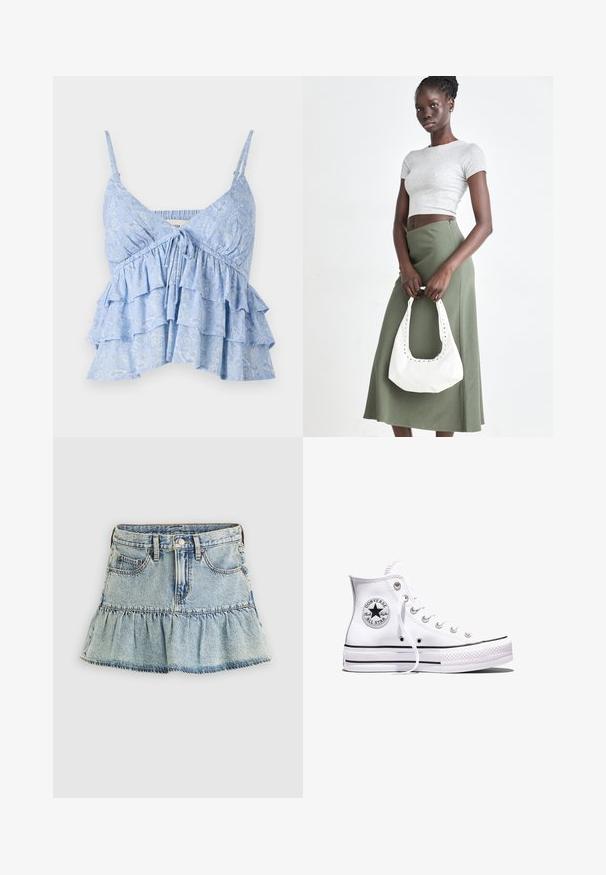 Lyseblå, mønstret cami med justerbare spaghetti-stropper, der har en samlet bodice og lagdelt volangdesign. Blød stoftekstur.; Denimnederdel i lyseblå med flæsekant. Har en talje, forlommer og falmet tekstur. Klassisk design med fem lommer.; Hvid Converse Chuck Taylor All Star højt snøresko med sorte striber og logoemblem på siden, vist mod en ensfarvet hvid baggrund.; Grå ribbet crop top og olivengrøn højhøjdet nederdel. Modellen holder en hvid skuldertaske med udskæringsdetaljer. Enkel design, tætsiddende silhuet.