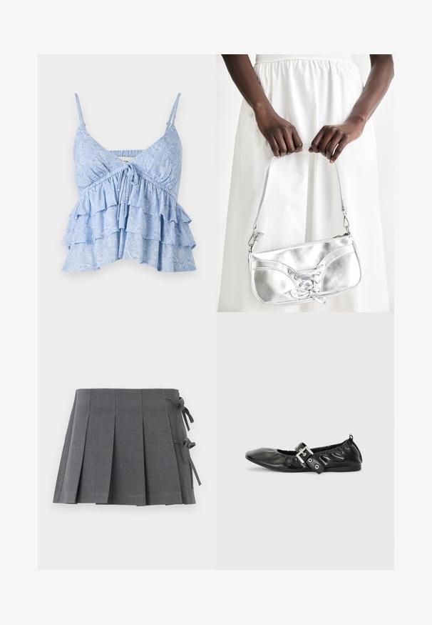 Lyseblå, mønstret cami med justerbare spaghetti-stropper, der har en samlet bodice og lagdelt volangdesign. Blød stoftekstur.; Grå plisseret mininederdel i et struktureret stof med bindelukning på den ene side og en glat linning for øget komfort.; Sorte læder flade sko med spids tå, samling detaljer omkring åbningen, og en sølv spænde accent på den justerbare rem.; Sølvmetallic håndtaske med snøredetaljer, der har et slankt design og en kort strop. Tasken holdes i hænderne for at fremvise dens tekstur.