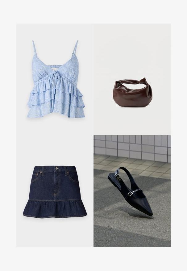 Hellblaues, gemustertes Trägertop mit verstellbaren Spaghetti-Trägern, das ein gerafftes Oberteil und ein mehrlagiges Rüschendesign aufweist. Weicher Stoff.; Dunkelblaue Denim-Rock mit Rüschensaum, Fünf-Taschen-Design, Gürtelschlaufen und einer vorderen Knopfleiste. Glatte Textur und gerader Schnitt.; Schwarzer Slingback-Flachschuh mit spitz zulaufender Spitze und doppelten Schnallenriemen, ruhend auf grauem Asphalt nahe einer gefliesten Wand.; Dunkelbraune Lederschultertasche mit weicher, lockerer Form und einem gedrehten Knotengriff vor schlichtem weißem Hintergrund.