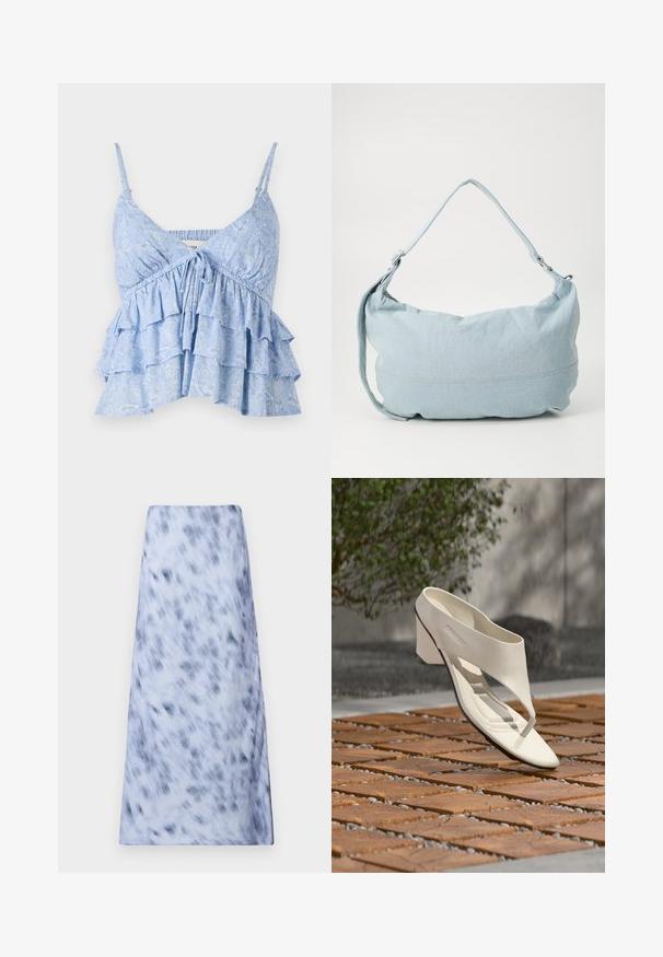 Lyseblå, mønstret cami med justerbare spaghetti-stropper, der har en samlet bodice og lagdelt volangdesign. Blød stoftekstur.; En lang, lyseblå nederdel med et sløret, mørkeblåt mønster. Stoffet ser blødt ud med en glat tekstur og et enkelt design.; Hvid læderhæl sandal med bred rem og tåpost, vist udendørs på en overflade med træ og grusfliser med grønt i baggrunden.; Lysblå denim skuldertaske i en rund form, justerbar rem og diskret syning langs den nederste kant. Blød tekstur.
