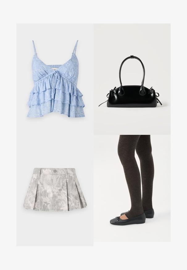 Lyseblå, mønstret cami med justerbare spaghetti-stropper, der har en samlet bodice og lagdelt volangdesign. Blød stoftekstur.; Grå denimnederdel med plisseringer, med et subtilt bladmønster i lysere nuancer. Klassisk snit med taljebånd og metalknaplukning.; Ben iført mørke ribbede leggings kombineret med sorte balletsko med små sløjfedetaljer på hvid baggrund.; Lille sort blank håndtaske med to lange håndtag og snøre-detaljer i siden på en ensfarvet lys baggrund.
