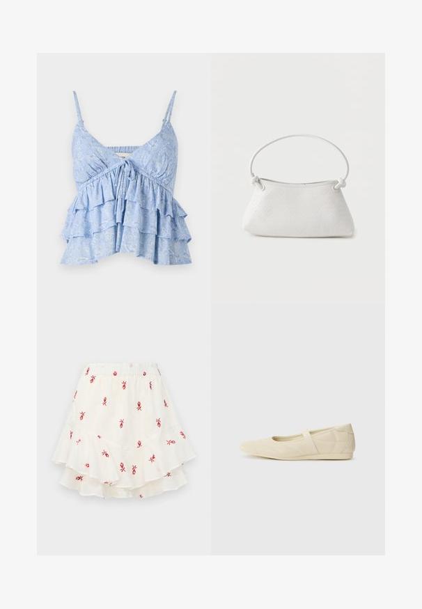 Camiseta sin mangas de color azul claro, con un patrón, tirantes ajustables y un cuerpo fruncido, además de un diseño de volantes en capas. Textura de tela suave.; Falda blanca de capas con bordado floral rojo, cintura elástica y dobladillo con volantes. Confeccionada en una tela ligera, que garantiza comodidad y transpirabilidad.; Bailarinas beige con un exterior de cuero liso, punta en forma de almendra y una correa elástica en el empeine, con detalles de costura sutiles.; Bolso de mano de cuero blanco tejido con asa redondeada y extremos de la correa anudados, exhibido sobre un fondo liso.