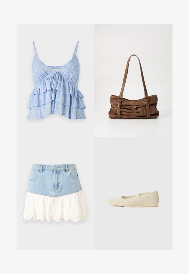 Hellblaues, gemustertes Trägertop mit verstellbaren Spaghetti-Trägern, das ein gerafftes Oberteil und ein mehrlagiges Rüschendesign aufweist. Weicher Stoff.; Denim-Minirock mit vorderen Taschen und Knopf, mit einem weißen Lochstickerei-Spitzenvolant am Saum für einen geschichteten Look.; Beige Ballerinas aus glattem Leder mit mandelförmiger Zehenpartie und elastischem Riemen über dem Fußrücken, ausgestattet mit dezenten Nähtelementen.; Even&Odd Handtasche - brown