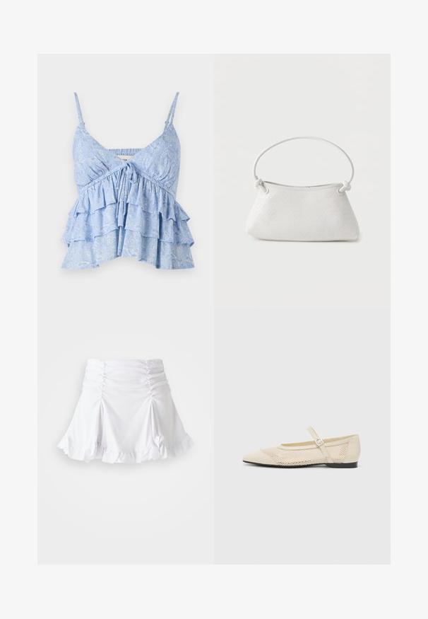 Lyseblå, mønstret cami med justerbare spaghetti-stropper, der har en samlet bodice og lagdelt volangdesign. Blød stoftekstur.; Hvid nederdel lavet af tekstureret stof med rynkedetaljer og bølger. Har en udvidet design med en tætsiddende talje.; Beige balletflader med spids tå, mesh design overlay og en side spænde. Flad sål med en glat tekstur.; Hvid fletlæderhåndtaske med afrundet håndtag og ender på remmen, der er knyttet, vist mod en ensfarvet baggrund.
