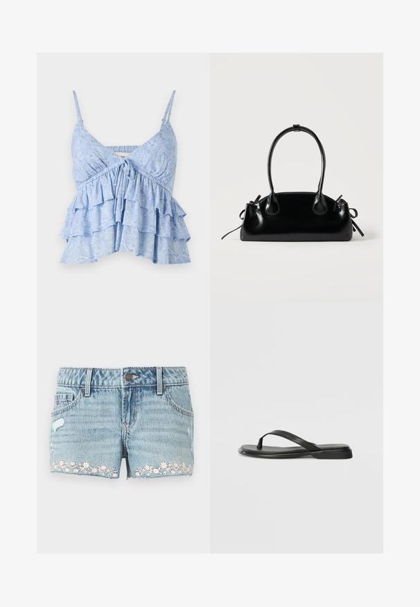 Lyseblå, mønstret cami med justerbare spaghetti-stropper, der har en samlet bodice og lagdelt volangdesign. Blød stoftekstur.; Lyseblå denimshorts med en frynset kant. Har blomsterbroderi i pink nær kanten, fem-lomme design og knaplukning.; Sorte flip-flops lavet af glat læder, med et tyndt remdesign og en flad sål med et minimalt profil. Ingen bemærkelsesværdige mønstre eller accenter.; Lille sort blank håndtaske med to lange håndtag og snøre-detaljer i siden på en ensfarvet lys baggrund.