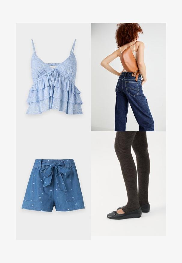 Lyseblå, mønstret cami med justerbare spaghetti-stropper, der har en samlet bodice og lagdelt volangdesign. Blød stoftekstur.; Blå denimshorts med små hvide blomsterprint, elastisk talje, store forlommer og et bundet stofbælte i taljen.; Ben iført mørke ribbede leggings kombineret med sorte balletsko med små sløjfedetaljer på hvid baggrund.; Brun læder rygsæk med et unikt buet design. Båret diagonalt, parret med højlivet blå denimjeans med gul syning.
