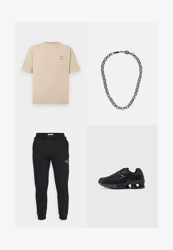 Beige katoenen T-shirt met een ronde halslijn en korte mouwen. Heeft een klein tekstlogo op de linkerbovenkant. Eenvoudig, onopgesmukt ontwerp.; Zwarte joggingsbroek van zachte stof, met een elastische tailleband, trekkoord, zijzakken en een klein wit logo-detail.; Zwarte sportieve schoen met een bovenwerk van mesh, een gevoerde kraag en opvallende dempingstechnologie bij de hiel. Heeft gestructureerde accenten en veters.; Metalen ketting met uitgestrekte schakels in een donkere gunmetalkleur. Bevat een geometrische accent en sluiting met merkdetail.