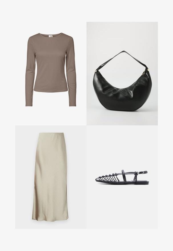 Langærmet tætsiddende T-shirt med crew neck i ensfarvet taupe farve med et enkelt design og ribbet tekstur.; En lang, lys beige nederdel lavet af glat stof har en subtil glans og en flagrende kant, hvilket giver et strømlinet, minimalistisk design.; Sort flad sandal med flere tynde remme, ankelrem med spænde og åben tå-burdesign på hvid baggrund.; Sort læder skuldertaske med en buet form, blød tekstur og en enkelt rem; har en guldbeslået lynlås og diskret branding.