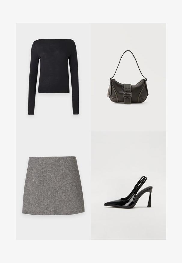 Chemise noire à manches longues avec un décolleté droit et une coupe ajustée, fabriquée dans un matériau doux et léger. Simple et unie sans motifs.; Jupe à motif chevrons en tissu gris, présentant une silhouette ajustée avec une texture lisse et un ourlet droit et net.; Escarpin en cuir verni noir à talon aiguille, à bout pointu, avec une sangle élastique double pour un maintien sécurisé. Surface lisse et brillante.; Sac à épaule en cuir noir avec une sangle à boucle, des bords arrondis et des coutures blanches contrastées sur un fond uni.
