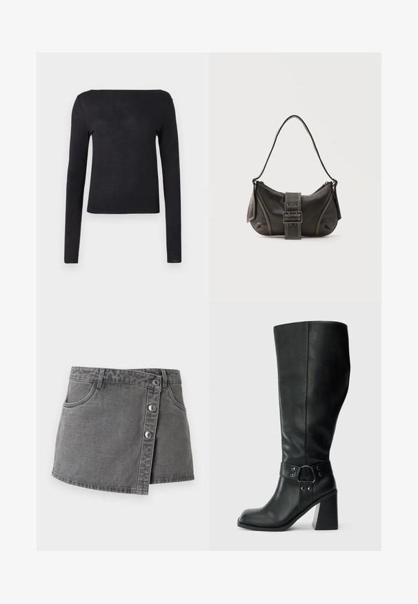 Chemise noire à manches longues avec un décolleté droit et une coupe ajustée, fabriquée dans un matériau doux et léger. Simple et unie sans motifs.; Mini-jupe en denim gris avec fermeture par boutons sur le devant, passants pour ceinture et poches avant, présentée sur fond blanc.; Bottes en cuir noires arrivant au genou, avec un bout carré, un large talon et une sangle décorative avec des accents métalliques autour de la cheville. Texture lisse.; Sac à épaule en cuir noir avec une sangle à boucle, des bords arrondis et des coutures blanches contrastées sur un fond uni.