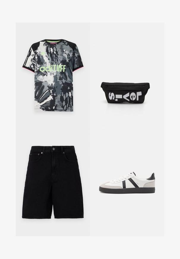 Korte mouwen, ronde hals sportshirt met een zwart-wit-grijze abstracte print; voorzien van een neon groene "adiTUFF" logo en roze accenten.; Zwarte denim shorts met een klassiek vijf-pocket ontwerp, voorzien van een knoopsluiting en een rechte pijp. De stof heeft een gladde textuur.; Witte sneaker met zwarte en grijze accenten, voorzien van een grijze neus met textuur, zwarte rubberen zool en platte witte veters. Schoon ontwerp, minimalistische stijl.; Zwarte stoffen tas met een platte vorm, voorzien van vet witte tekst. De ritssluiting bevindt zich aan de bovenkant, met een lus-detail aan één kant.