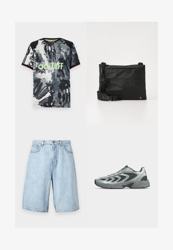 Camiseta deportiva de manga corta y cuello redondo con un estampado abstracto en negro, blanco y gris; presenta un logo "adiTUFF" en verde neón y acentos en rosa.; Pantalones cortos de mezclilla azul claro con un ajuste relajado, que cuentan con dos bolsillos frontales, cierre de cremallera y acentos de costura visibles.; Zapatilla deportiva plateada y negra con paneles de malla, detalles de diseño ondulados y un logotipo de la marca visible en el lateral.; Bolso mensajero de nylon negro con correa ajustable, diseño plano y una etiqueta lateral con un logo. Textura suave y estilo minimalista.