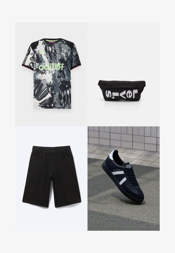 Kortærmet sports T-shirt med rund hals i sort, hvid og grå abstrakt print; har neongrøn "adiTUFF" logo og lyserøde accenter.; Sorte denim shorts til knæet med frontknap, bæltestropper og fem lommer, vist mod en hvid baggrund.; Sort lædersneaker med hvide striber, tekstureret gummisål og snørrebånd foran. Har et brandet mærke på tungen.; Sort stoftaske med flad form, prydet med fed hvid tekst. Lynlåsen er placeret øverst, med en løkke detalje på den ene side.