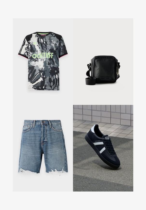 Kurzärmliges Sportshirt mit Rundhalsausschnitt in einem schwarzen, weißen und grauen abstrakten Muster; ausgestattet mit einem neonpinken "adiTUFF"-Logo und pinken Akzenten.; Helle blaue Denim-Shorts mit ausgefranstem Saum, Fünf-Taschen-Design und sichtbaren Nähten. Verfügt über einen Knopfverschluss an der Taille.; Schwarze Leder-Sneaker mit weißen Streifen, strukturiertem Gummisohle und Schnürung. Verfügt über ein Markenetikett auf der Zunge.; Schwarze kompakte Umhängetasche mit vorderer Reißverschlusstasche, verstellbarem Riemen und strukturiertem Stoff vor einfarbigem Hintergrund.