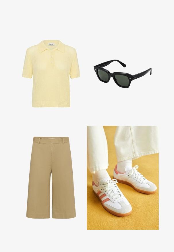Polo de punto de manga corta color amarillo claro con puños, cuello, dobladillo acanalados y tres botones delanteros.; Pantalones cortos beige hasta la rodilla de pierna ancha con trabillas para cinturón y costura frontal, mostrados sobre un fondo blanco.; Zapatillas deportivas blancas con acentos en rosa, materiales de ante y cuero, punta redonda y suela de goma, mostradas con calcetines de color claro sobre un fondo amarillo.; Gafas de sol cuadradas negras con lentes verde oscuro, con montura audaz y acentos plateados en los laterales. Fabricadas en Italia.