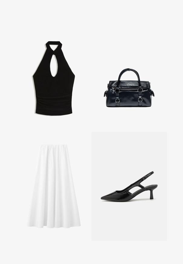 Schwarzes Neckholder-Crop-Top mit Schlüssellochausschnitt vorne und gerafftem Taillendetail.; Langer weißer Rock mit elastischem Bund und fließendem Stoff bis zum Saum.; Schwarze Slingback-Absätze mit spitzer Zehenpartie, aus glänzendem Material gefertigt, mit ausgeschnittenen Akzenten und einem moderaten Absatz für Unterstützung.; Schwarze Lederhandtasche mit zwei Griffen, Frontreißverschlusstasche und silbernen Metallringen auf weißem Hintergrund.