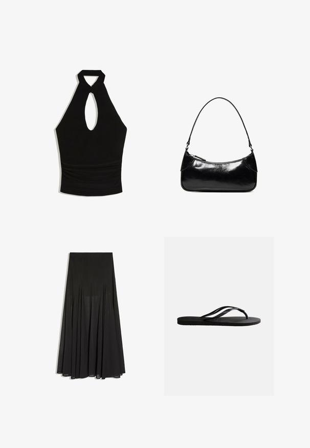 Schwarzes Neckholder-Crop-Top mit Schlüssellochausschnitt vorne und gerafftem Taillendetail.; Langer schwarzer Rock mit hoher Taille und weichen Plisseefalten, aus leichtem, halbtransparentem Stoff, auf weißem Hintergrund dargestellt.; Schwarze Gummizehensandale mit strukturiertem Fußbett und dünnen, Y-förmigen Riemen vor einfachem weißem Hintergrund.; Schwarze, glänzende Lederschultertasche mit einem einzelnen Reißverschlussfach und einem dünnen, bogenförmig gebogenen Träger.