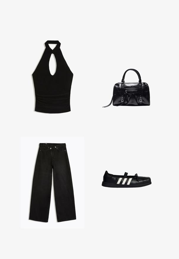 Musta halter-tyylinen crop top, jossa on etuosassa avonainen rei’itys ja röyhelöity vyötärön yksityiskohta.; Mustat korkeavyötäröiset leveälahkeiset farkut, joissa nappi- ja vetoketjukiinnitys, vyölenkit ja viiden taskun malli, esiteltynä tasaisesti valkoisella taustalla.; Musta nahkainen litteä kenkä, jossa on valkoiset raidat sivulla, pieni rusettikoriste edessä ja yksi joustava remmi päällä.; Mustaa kiiltävää nahkaa oleva käsilaukku, jossa on kaksi kahvaa, edessä vetoketjutasku, solkikoristeita ja ranneke valkoisella taustalla.