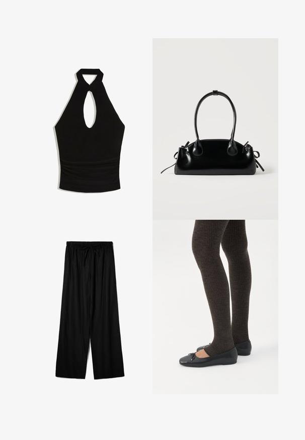 Zwart halter crop top met keyhole uitsnede aan de voorkant en geplooide taille detail.; Zwarte wijde broek met elastische tailleband en trekkoordsluiting, plat weergegeven op een witte achtergrond.; Benen met donkere geribbelde leggings gecombineerd met zwarte ballerina's met kleine strikdetails op een witte achtergrond.; Kleine zwarte glanzende handtas met twee lange hengsels en zijkant trekkoord details op een effen lichte achtergrond.
