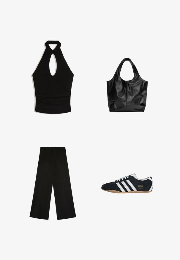 Sort halter crop top med nøglehul foran og detaljer med rynket talje.; Sorte bukser med brede ben, knap- og lynlåslukning, bæltestropper og frontfolder, lagt fladt på en hvid baggrund.; Sort ruskinds sneaker med hvide tre striber, guldlogo og en brun gummisål. Har et lavprofil snørebåndsdesign.; Sort læder tote taske med en glat overflade, en blød, afrundet top og brede håndtag. Har minimal syning og en afslappet silhuet.