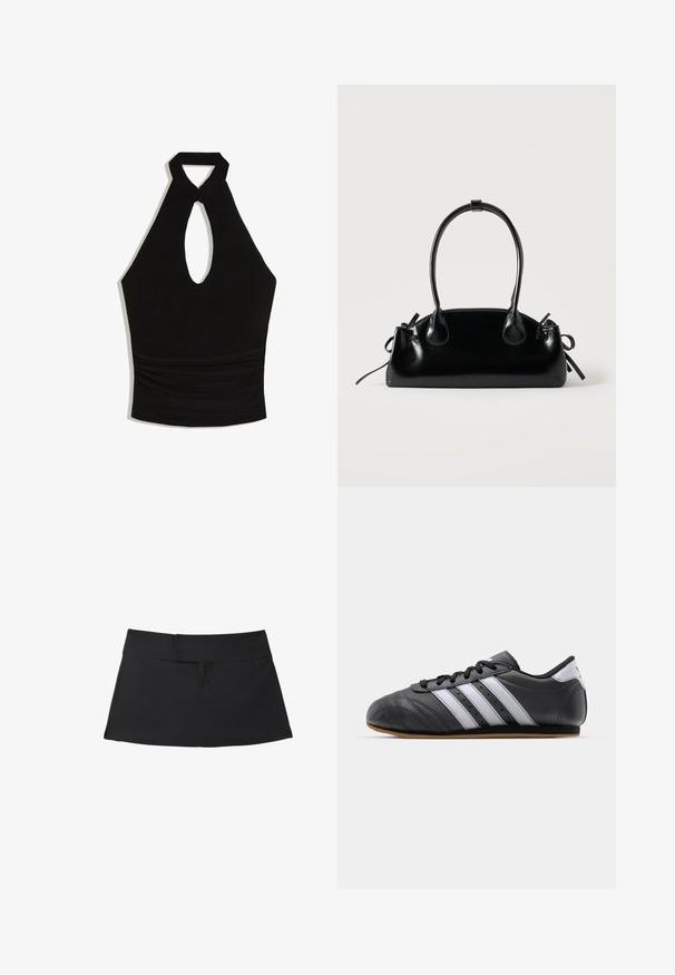 Musta halter-tyylinen crop top, jossa on etuosassa avonainen rei’itys ja röyhelöity vyötärön yksityiskohta.; Mustat lyhyet hame leveällä vyötäröllä ja yksinkertaisilla saumaehdoilla, asetettuna tasaisesti valkoiselle taustalle.; Musta nahkakenkä urheilumalli valkoisilla raidoilla, pyöreällä varvalla, tasapohjalla ja nauhakohdistuksella. Varustettu rei'ityksillä hengittävyyden parantamiseksi.; Pieni musta kiiltävä käsilaukku, jossa on kaksi pitkää kantokahvaa ja sivulla nyöritys yksityiskohtia yksinkertaisella vaalealla taustalla.