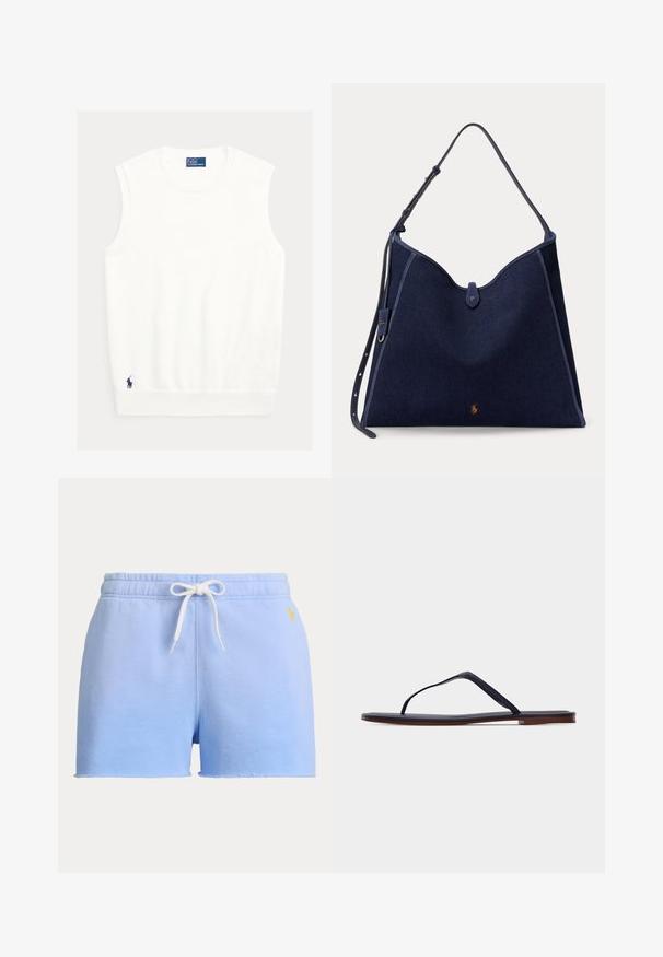 Hvid ærmeløs top i blødt stof med ribbet halskant og kant forneden. Lille marineblåt logo broderet nederst i venstre hjørne.; Lyseblå bomuldsshorts med elastisk talje, hvid snor og lille gul logo på højre side.; Sort flad sandal med tynde læderremme og en slank brun sål, vist fra siden på en ensartet lys grå baggrund.; Mørkeblå stor taske med justerbar skulderrem og lille gyldent hestelogo i bunden midt på.